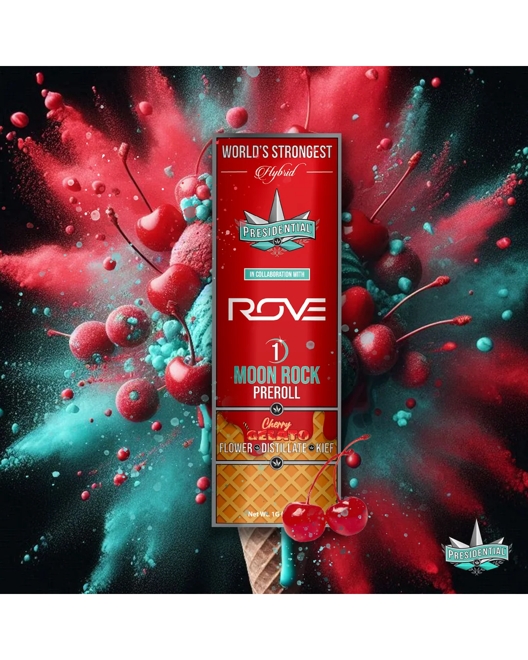 Presidential Cherry Gelato infused pre-roll package in red